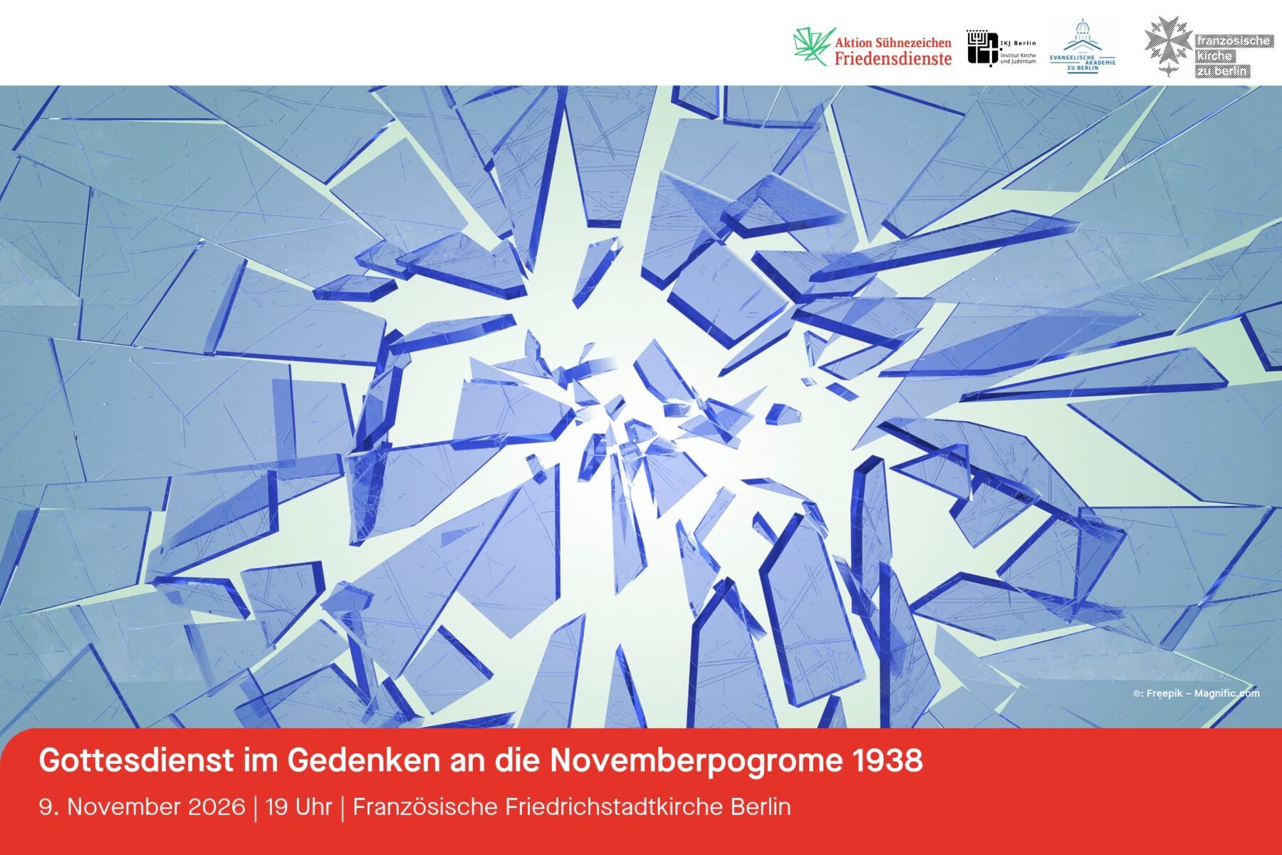 Zerbrochenes blaues Glas in Sternform über rotem Banner; Hinweis auf Gedenkgottesdienst für die Novemberpogrome, 9.11.2026