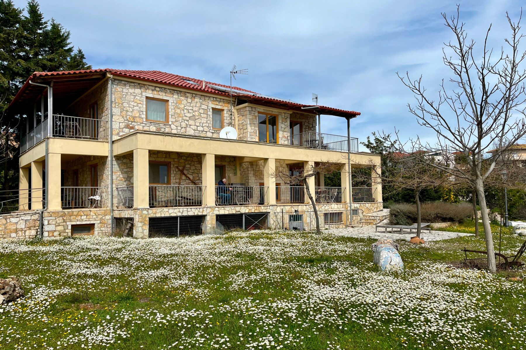 Steinernes Gästehaus in Kryoneri, Korinthia, mit rotem Ziegeldach, weitläufigem Balkon und Wiese voller weißer Gänseblümchen