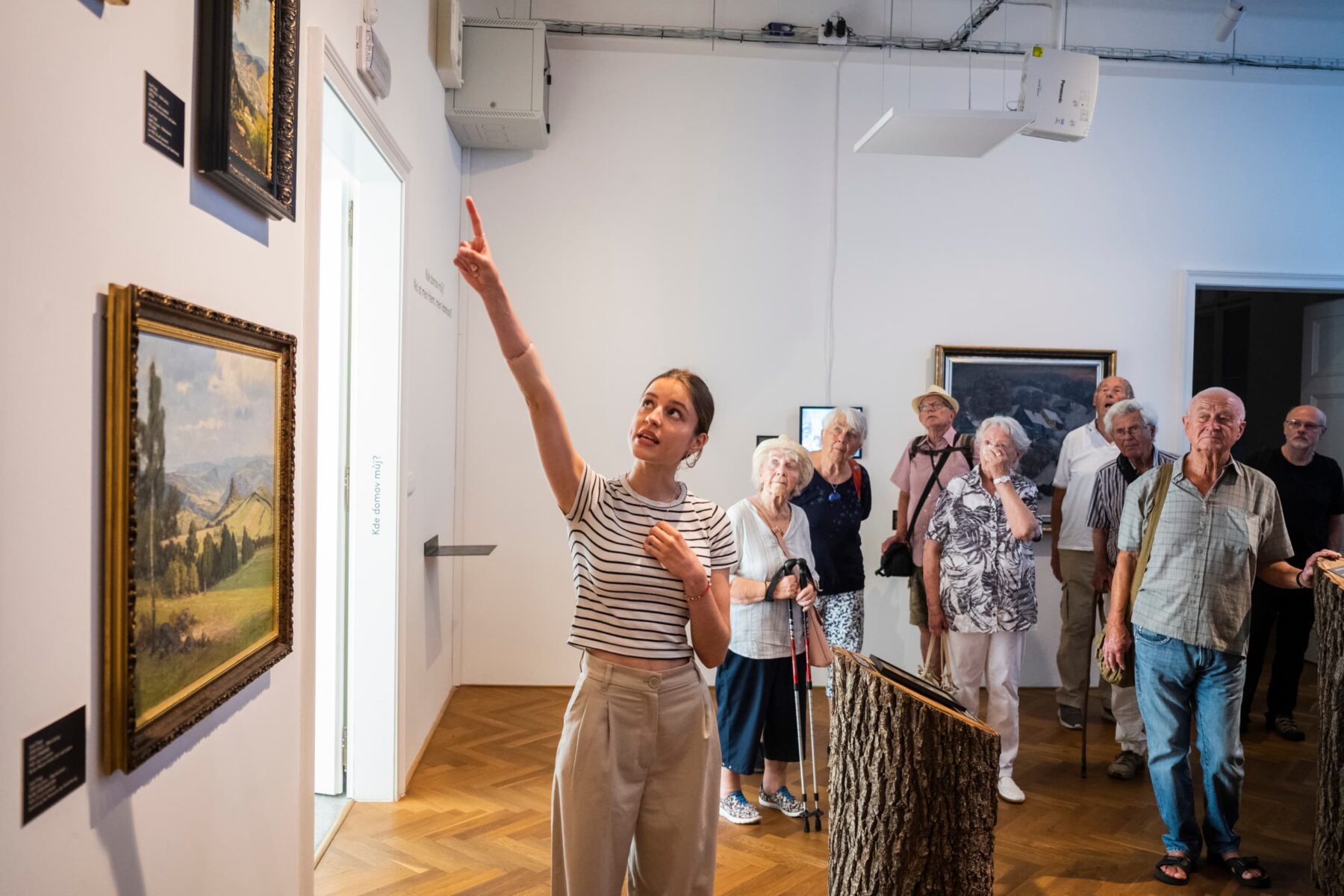 Junge Führerin zeigt nach oben, Gruppe älterer Museumsbesucher folgt ihrem Blick, Gemälde an der Wand.