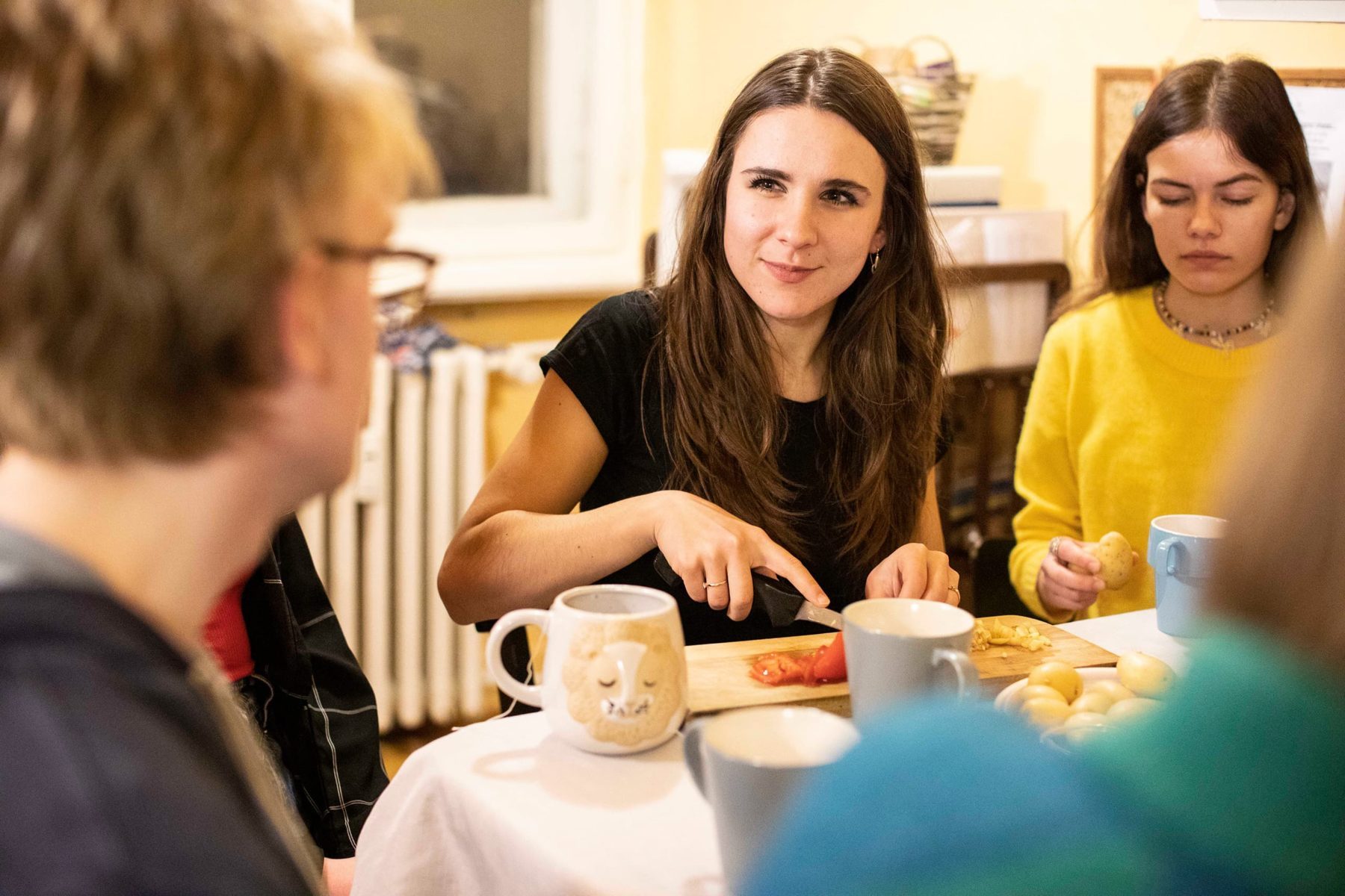 ASF-Freiwillige kochen zusammen in Berlin-WG 2022. Eine Frau schneidet Gemüse, andere helfen. Gemeinschaftliches Kochen.