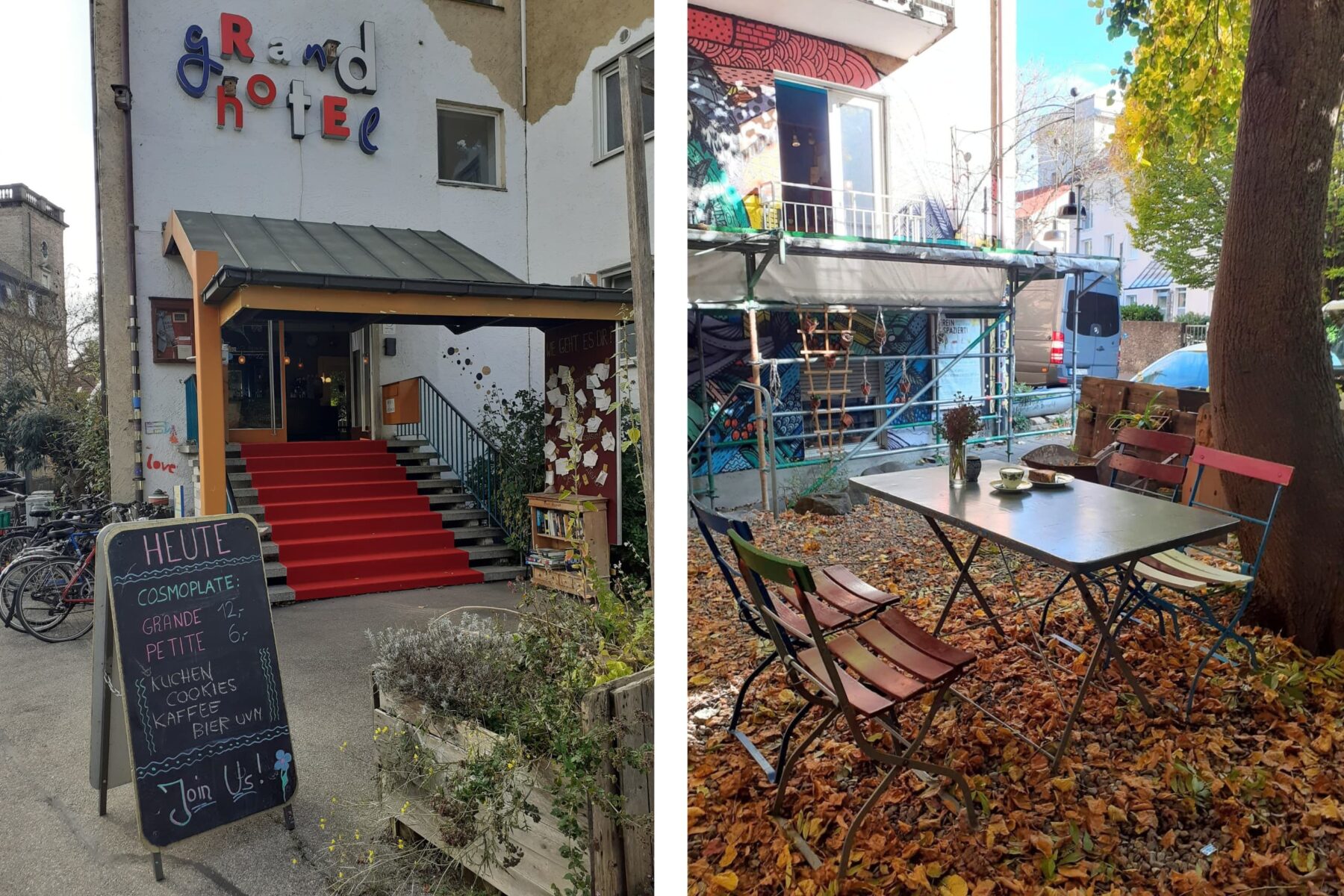 Eingang des Grandhotel Cosmopolis in Augsburg mit rotem Teppich und Tafel; rechts herbstliche Außensitzplätze auf Laub.