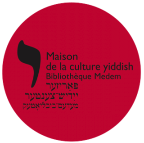 Logo de la Bibliothèque Medem: cercle rouge, motif noir et textes français et yiddish