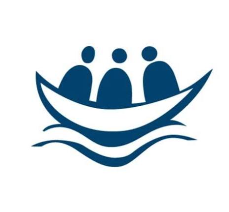 Logo bleu représentant une arche stylisée transportant trois silhouettes humaines au‑dessus de trois vagues.